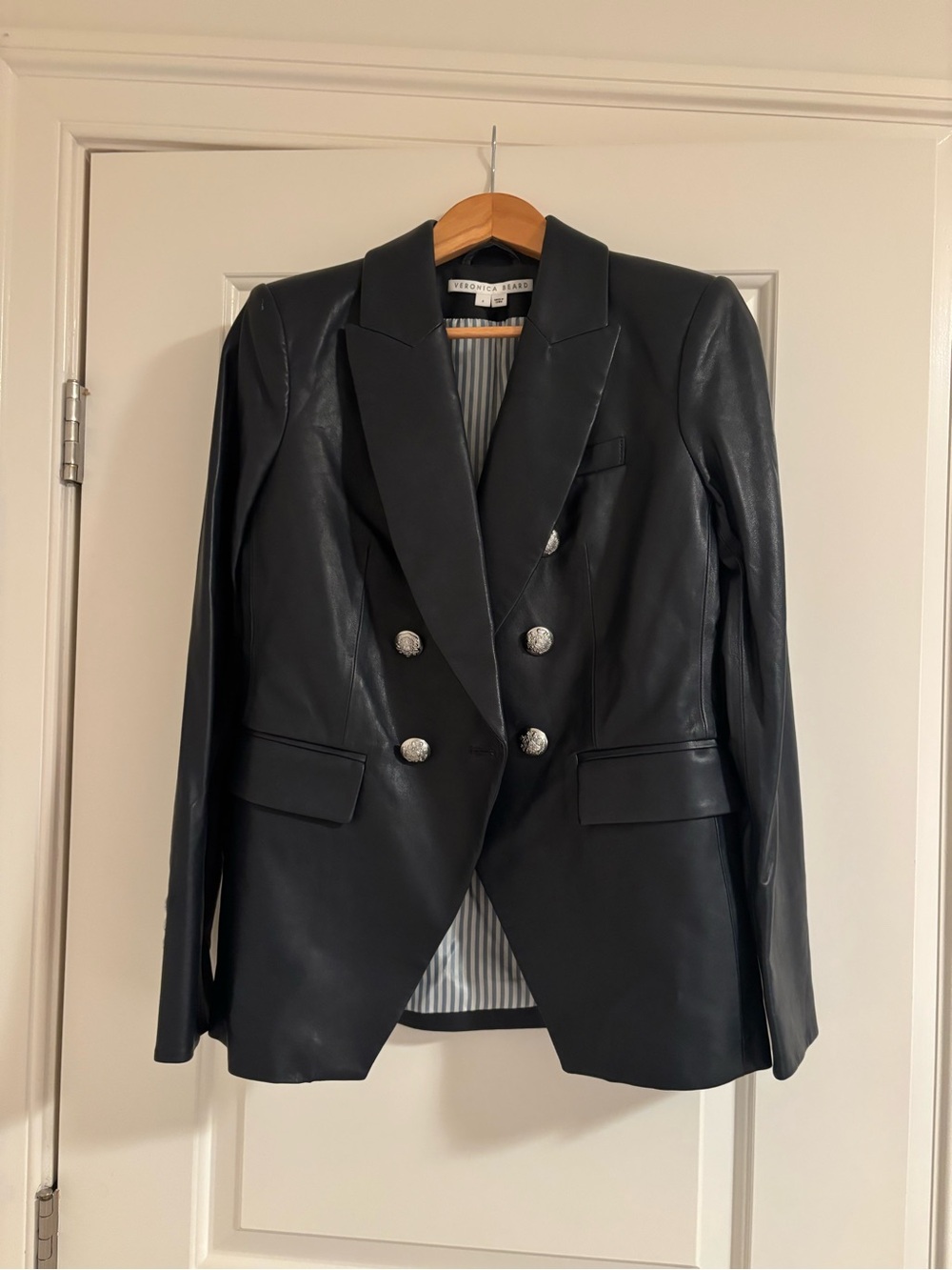 Veronica Beard Black Double-Breasted Leather Blazer with Silver Buttons